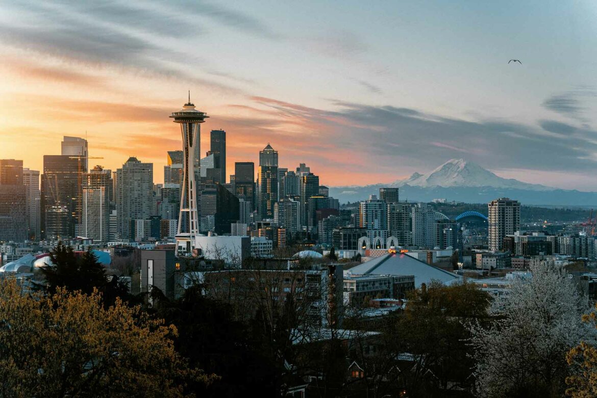 Seattle, Washington, skyline at sunset