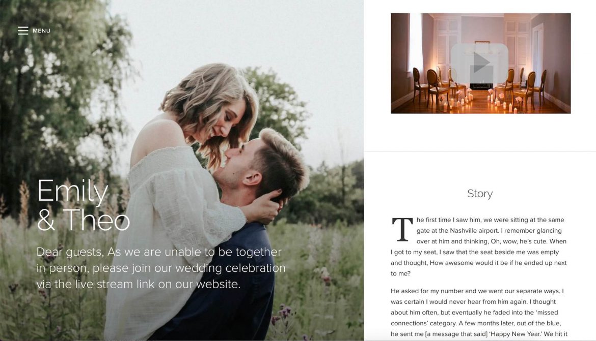 screenshot of couple's wedding website with livestream video