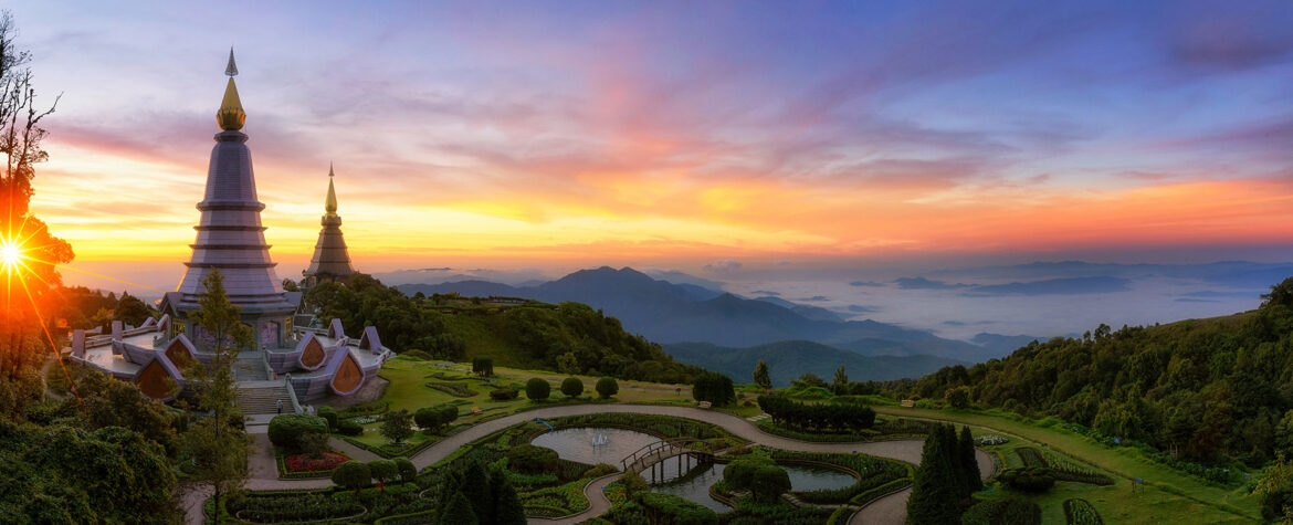 A sunset view of the Twin Pagodas in Chiang Mai